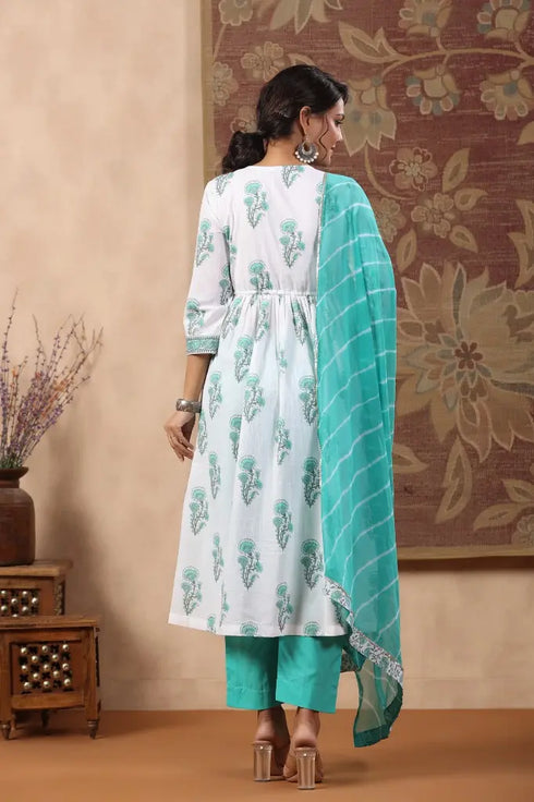 Women Blue & Teal Floral Printed Pure Cotton Anarkali Kurta Set
